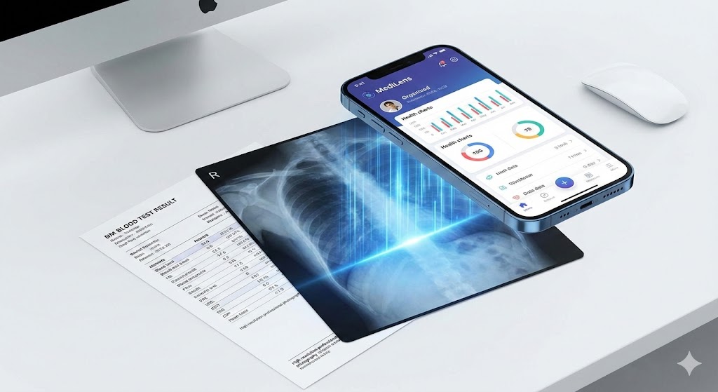 健镜 MediLens 应用界面展示，AI 扫描化验单和X光片